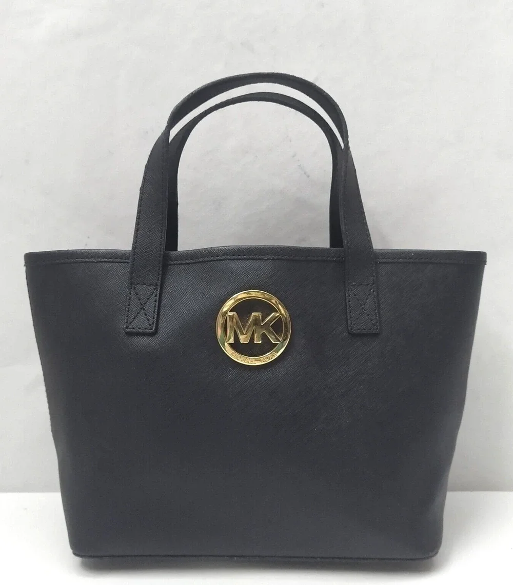 Michael Kors Black Crossgrain Leather Double Handle Small Tote Bag